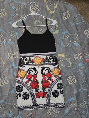 Black & White Maxi Dress with Red Rose and Gold Heart Embroidery